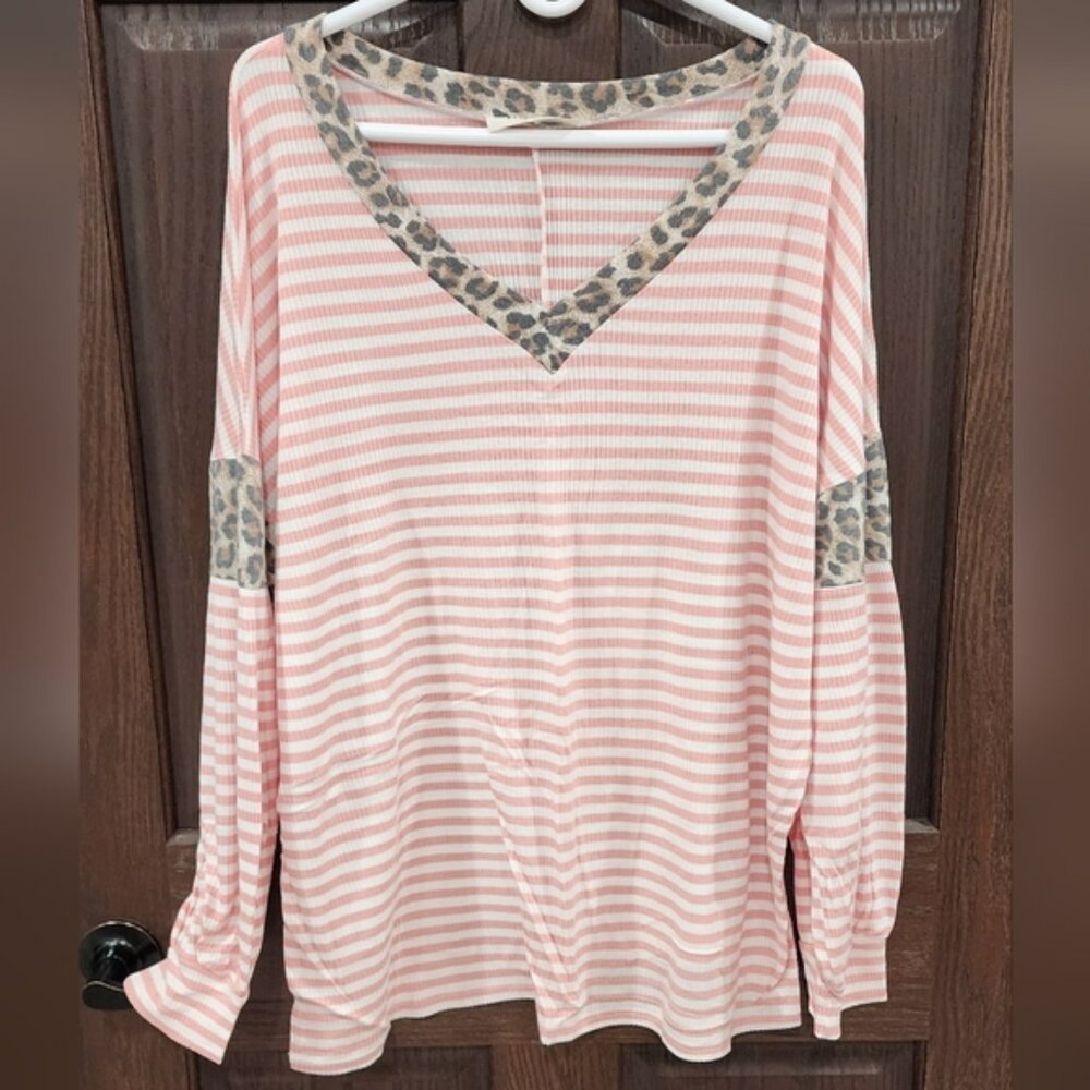 Pink Striped Women's Top with Leopard Accents